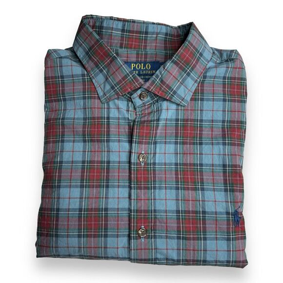Ralph Lauren Polo Shirt Adult XL Slim Fit Blue Red Pony Button Up Plaid Mens - Picture 2 of 10